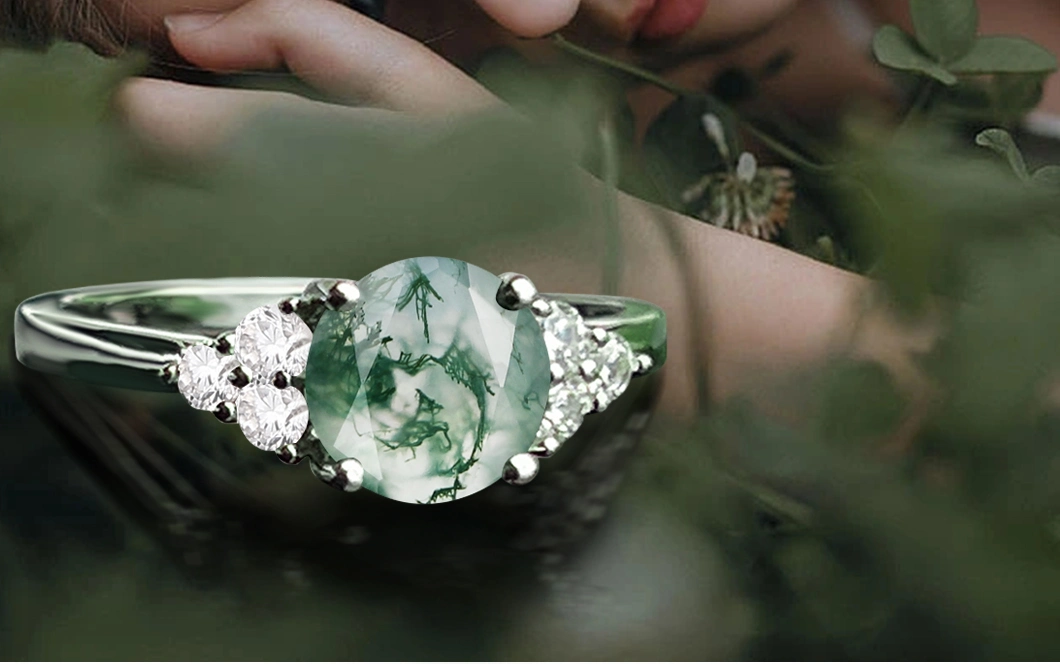 Wholesale Women Jewelry Oval Moss Agate Ring Engagement Wedding Ring