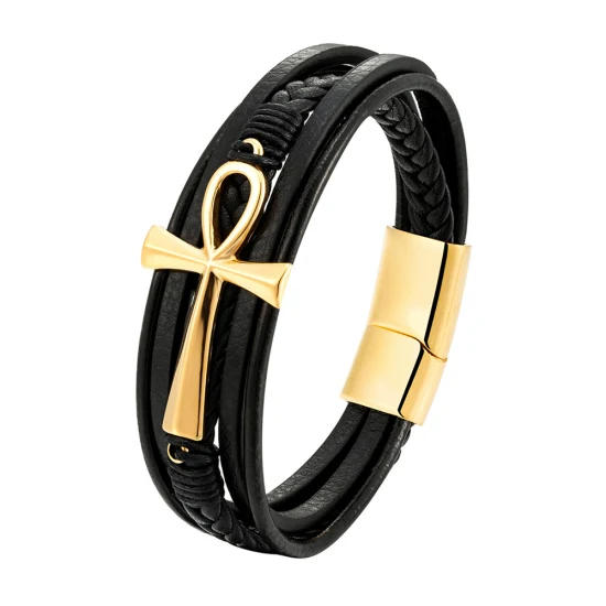 Woven Leather Bracelet Cross Gold Stainless Steel Bracelet